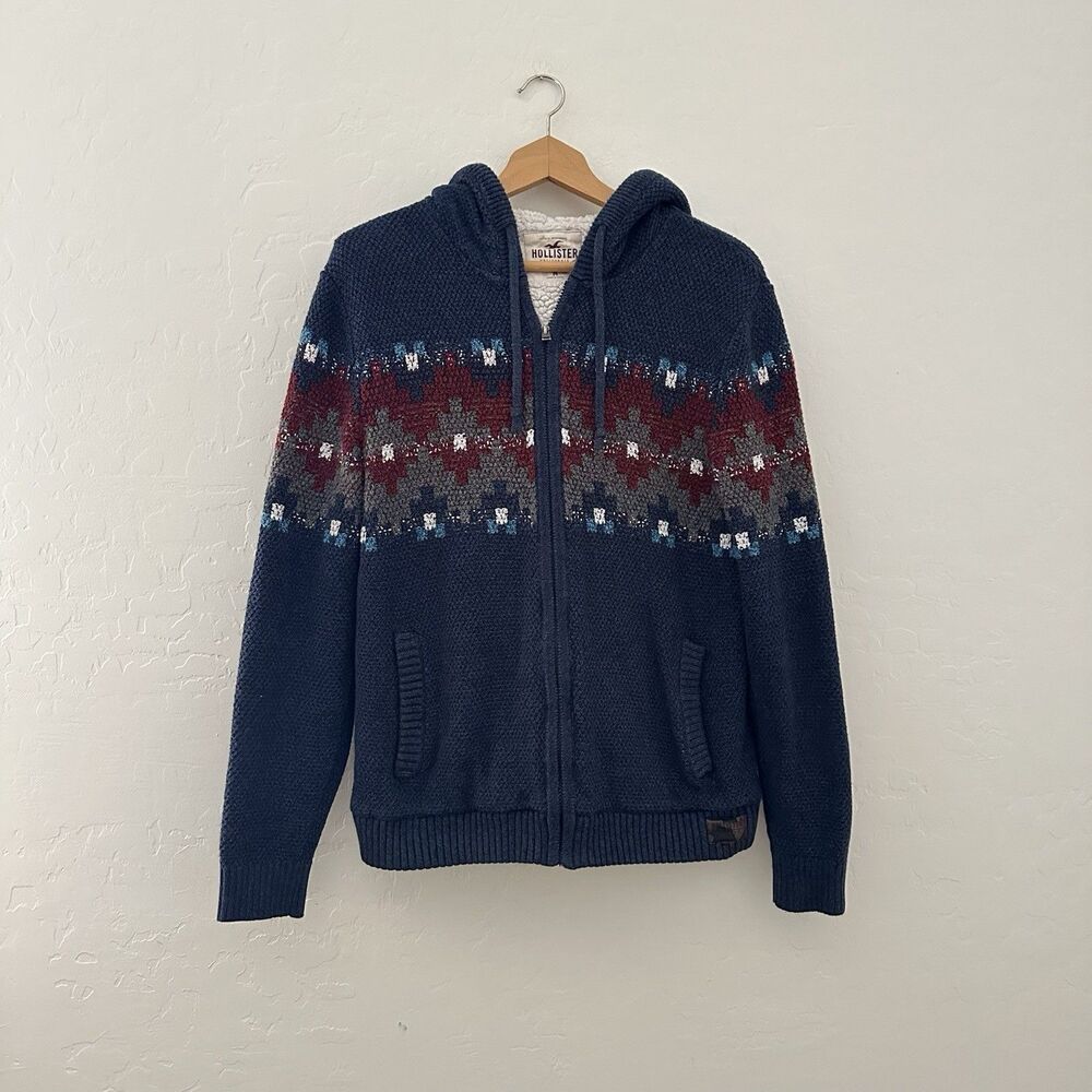 Hollister Jacket Hoodie Mens Medium Navy Sherpa Lined Faux Fur Heavy Knit Y2K